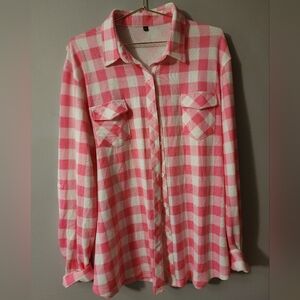 Pink and White Plaid Button-Up Shirt